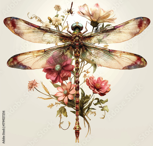 Dragonfly Symphony: A mesmerizing illustration of a dragonfly artfully intertwined with delicate flowers, a tribute to nature's harmony.