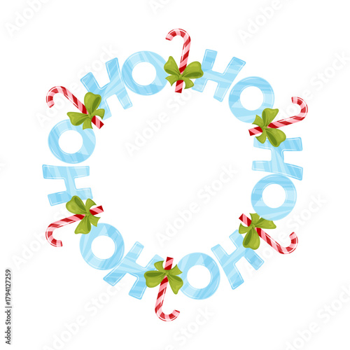 holiday wreath with colorful bows, cheerful holiday greeting frame featuring candy canes and ribbons, and Ho-Ho-Ho text.