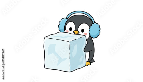 Cute Penguin Wearing Earmuffs Peeking Behind Ice Cube Cartoon Illustration