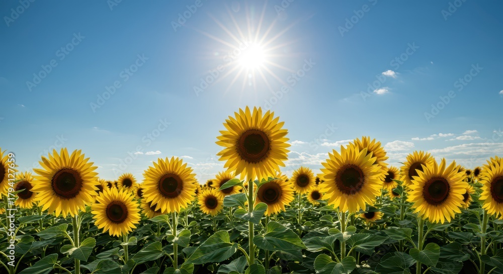 Fototapeta premium A stunning golden sunflower field reaching toward the warm bright summer sun high in the clear blue sky during the daytime, large, bloom, summer