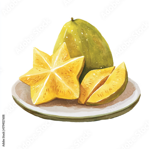 Fresh star fruit and mango on a plate tropical fruit still life.