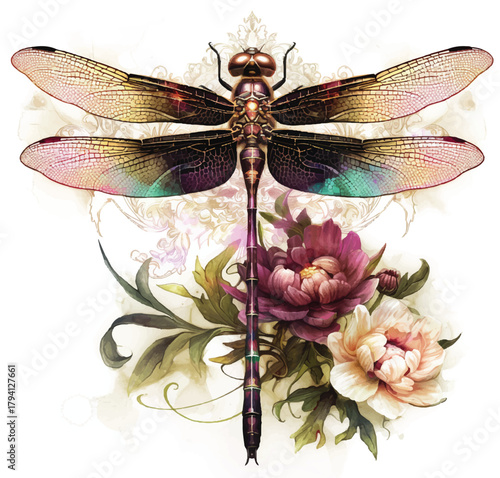 Dragonfly and Floral Composition: An ornate and exquisite illustration of a dragonfly perches delicately atop a vibrant floral arrangement, with a burst of color.