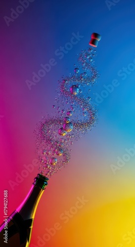 A vibrant composition capturing the excitement and energy of the transition from the old year to the new year with glittering elements and champagne, January, midnight, resolution