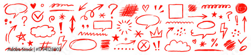 Red color pencil line elements set. Hand drawn red color crayon pencil, texture brush stroke arrow, highlight, check mark doodles. Marker arrow, chalk sketch square, emphasis. Vector illustration