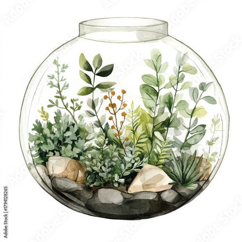 Glass terrarium with lush green plants and decorative stones inside.