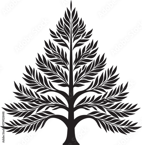 Evergreen Tree Silhouette: This image showcases a detailed monochrome illustration of a majestic evergreen tree, its branches reaching skyward in a symphony of nature's beauty and symmetrical harmony.