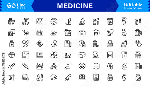 Modern Medicine Line Icon Collection Featuring Minimal, Professional, and Clean Vector Graphics for Health, Medical Care, Pharmacy, and Clinical Applications