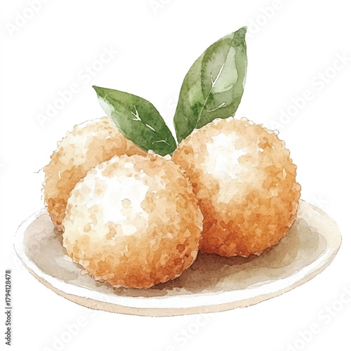 Golden Fried Arancini Rice Balls with Fresh Basil Leaves.