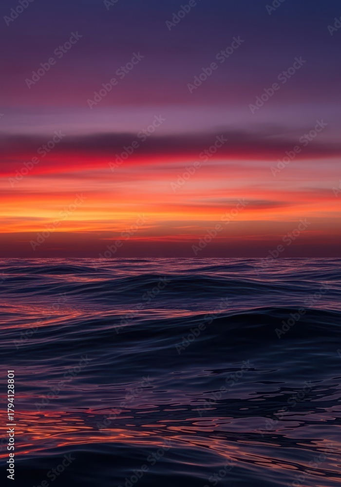 Obraz premium Mystical, dark ocean surface under a fading evening light, featuring serene waves and colorful atmospheric gradients, sunrise, dark, backdrop