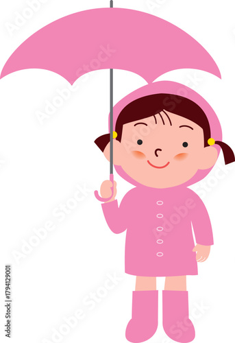傘をさすレインコートの女の子
