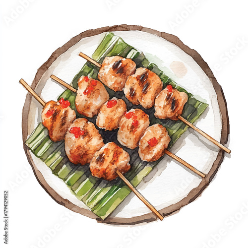 Grilled chicken skewers on banana leaf.