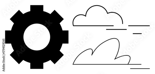 Bold gear and minimalistic cloud designs convey concepts of technology, automation, innovation, and cloud computing. Ideal for business, industry, system integration, development, and digital