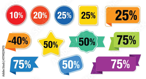 Set of colorful discount price tag stickers illustration of sale percentage labels isolated on white background
