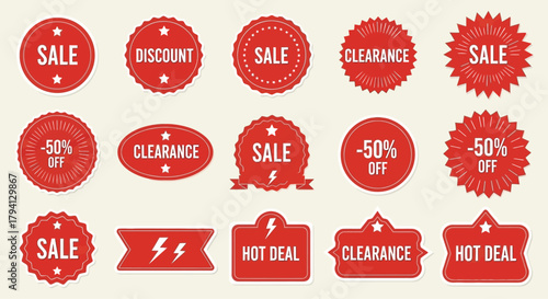 Set of red sale badges and stickers discount and clearance signs retail promotion illustration isolated on white background