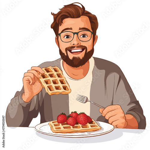 Happy man enjoying delicious waffles with strawberries