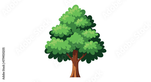 Stylized cartoon green coniferous tree with brown trunk isolated on white background