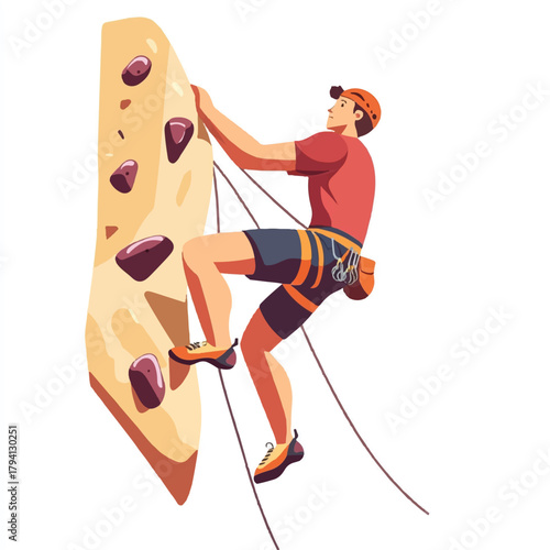 Male rock climber ascending a challenging indoor climbing wall.