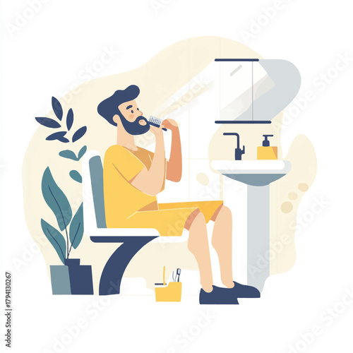  Man brushes beard in bathroom seated focused on grooming routine