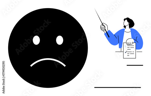 Sad face symbol representing error next to teacher with paper pointing out mistake. Ideal for education, feedback, mistakes, assessment, learning, personal growth, self-reflection. Simple flat