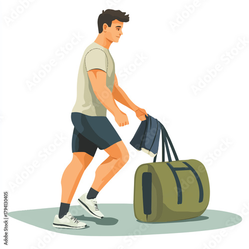 Man carrying duffel bag travel preparation.