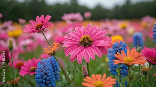 Vibrant field of diverse wildflowers in full bloom, soft focus