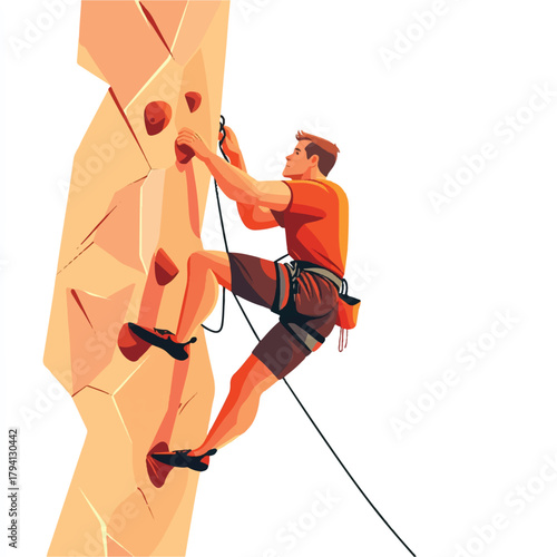  Man climbing a rock wall with safety rope and harness