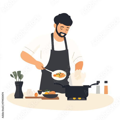  Man cooking in kitchen preparing a meal with focus and care.