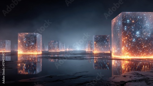 Glowing cubes of light lining a wet, reflective path shrouded in mist