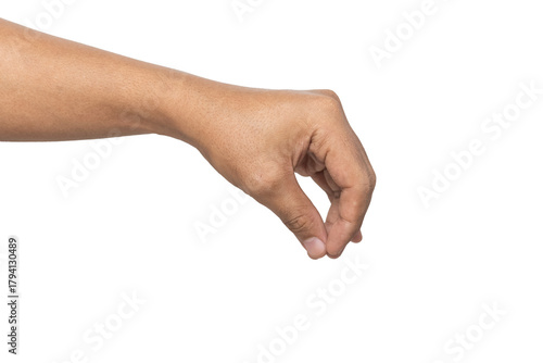 male hand gesture sprinkling salt or spices or hold something isolated on white background. transparent png
