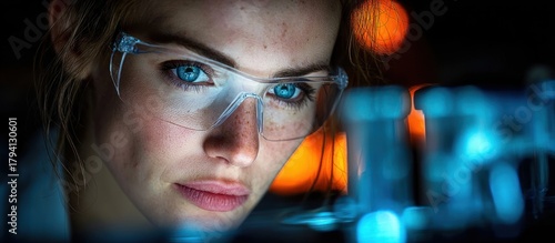 A woman in lab glasses intently gazes at scientific equipment