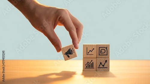 Building a successful business strategy Hand places marketing block for growth