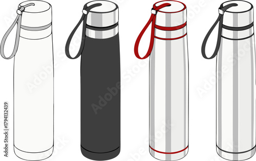 Set of eco-friendly reusable metal water bottles in white, black, red, and silver steel, designed for sustainable lifestyle.