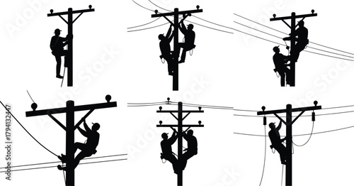Electric linemen working on utility poles, teamwork repairing overhead power lines, safety harness climbing silhouettes, electrical maintenance crew vector illustration for SEO.