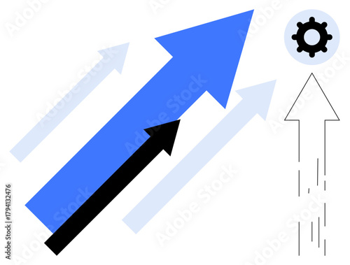 Three blue and black arrows pointing upward with one transitioning into a cogwheel. Ideal for growth, teamwork, innovation, improvement, success, opportunities, and efficiency. Simple flat metaphor