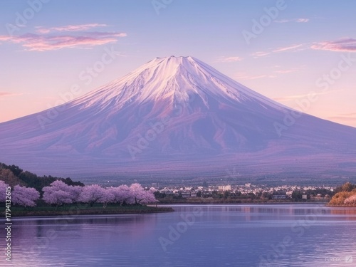 Fuji mountain landscape with lake and cherry blossom trees