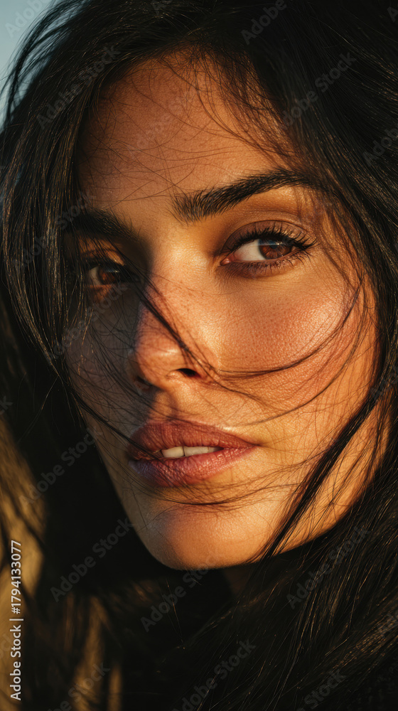 Fototapeta premium Radiant Portrait: A portrait showcasing a woman in the golden light. It evokes a feeling of confidence and beauty.