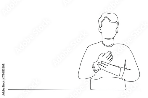 Man feel chest discomfort in continuous one line drawing. Single line art illustration of man having a heart attack. Editable vector.