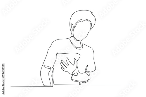 Man feel chest discomfort in continuous one line drawing. Single line art illustration of man having a heart attack. Editable vector.