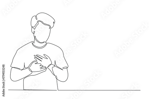 Man feel chest discomfort in continuous one line drawing. Single line art illustration of man having a heart attack. Editable vector.