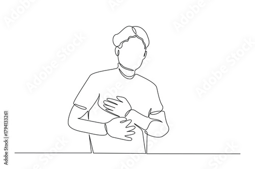 Man feel chest discomfort in continuous one line drawing. Single line art illustration of man having a heart attack. Editable vector.