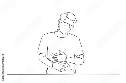 Man hold his belly in continuous one line drawing. Single line art illustration of man having a stomach ache. Editable vector.