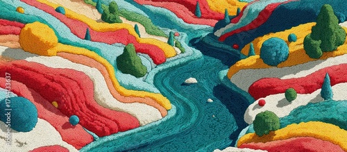Colorful layered landscape featuring river and textured mountains