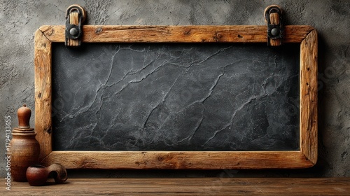 Antique blackboard with wooden frame, aged texture, and neutral backdrop