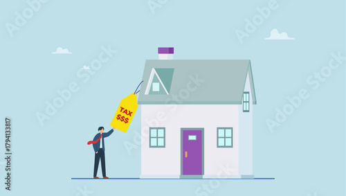 Businessman holding house price tags showing property tax with dollar signs to pay for. Property tax, real estate or housing payment, money or bills to pay for government.