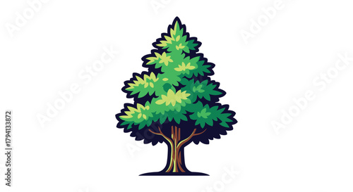 Stylized evergreen conifer tree with lush green foliage and textured bark on a white background