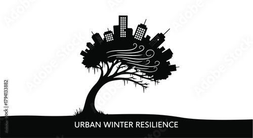 Urban tree silhouette with cityscape and wind blowing, symbolizing resilience against winter conditions.