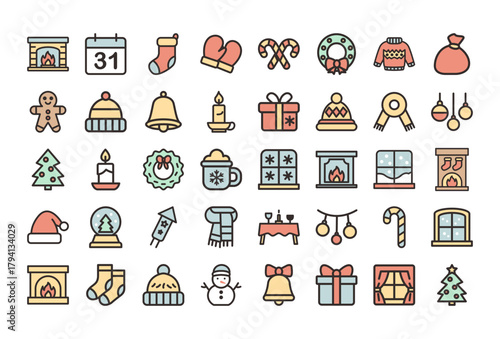 Colorful flat Christmas and New Year icon set featuring festive holiday elements such as gifts, Santa hat, Christmas tree, candy cane, fireplace, wreath, candle, mittens, snowman, and winter decoratio