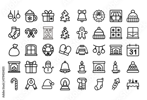 Colorful flat Christmas and New Year icon set featuring festive holiday elements such as gifts, Santa hat, Christmas tree, candy cane, fireplace, wreath, candle, mittens, snowman, and winter decoratio