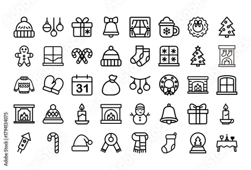 Colorful flat Christmas and New Year icon set featuring festive holiday elements such as gifts, Santa hat, Christmas tree, candy cane, fireplace, wreath, candle, mittens, snowman, and winter decoratio