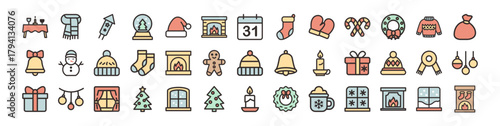 Colorful flat Christmas and New Year icon set featuring festive holiday elements such as gifts, Santa hat, Christmas tree, candy cane, fireplace, wreath, candle, mittens, snowman, and winter decoratio